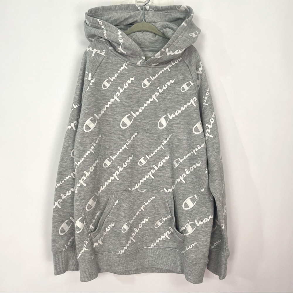 Champion Kids Gray White logo Hoodie Sweatshirt Sz Large